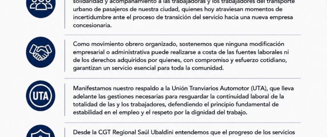 La CGT Regional Saúl Ubaldini respaldó a la UTA y reclamó garantías para los trabajadores del transporte