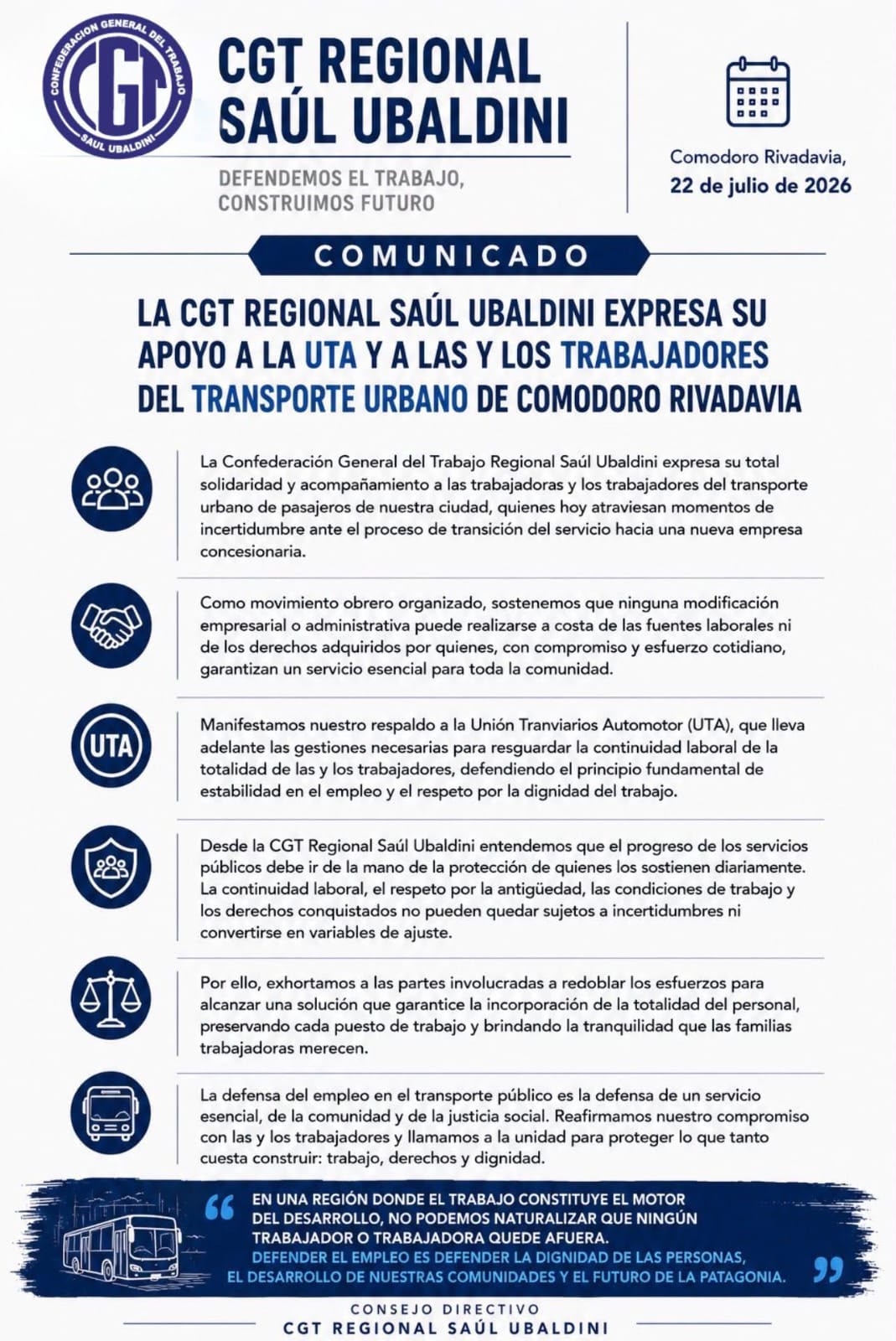 La CGT Regional Saúl Ubaldini respaldó a la UTA y reclamó garantías para los trabajadores del transporte