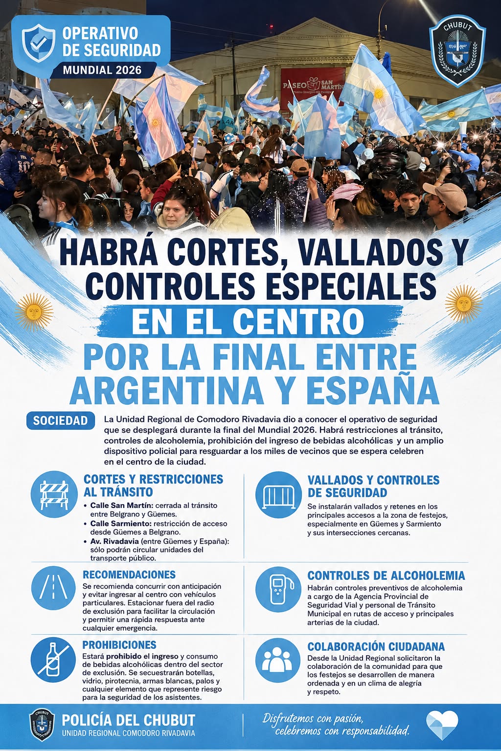 Comodoro Rivadavia prepara un amplio operativo de seguridad para los festejos si Argentina se consagra campeona del Mundial 2026