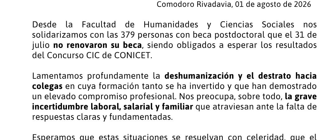 La Facultad de Humanidades de la UNPSJB expresó su solidaridad con investigadores postdoctorales afectados por el CONICET