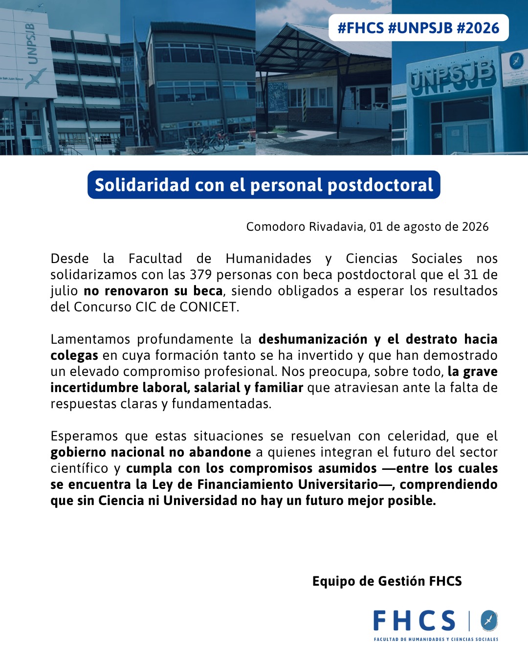 La Facultad de Humanidades de la UNPSJB expresó su solidaridad con investigadores postdoctorales afectados por el CONICET