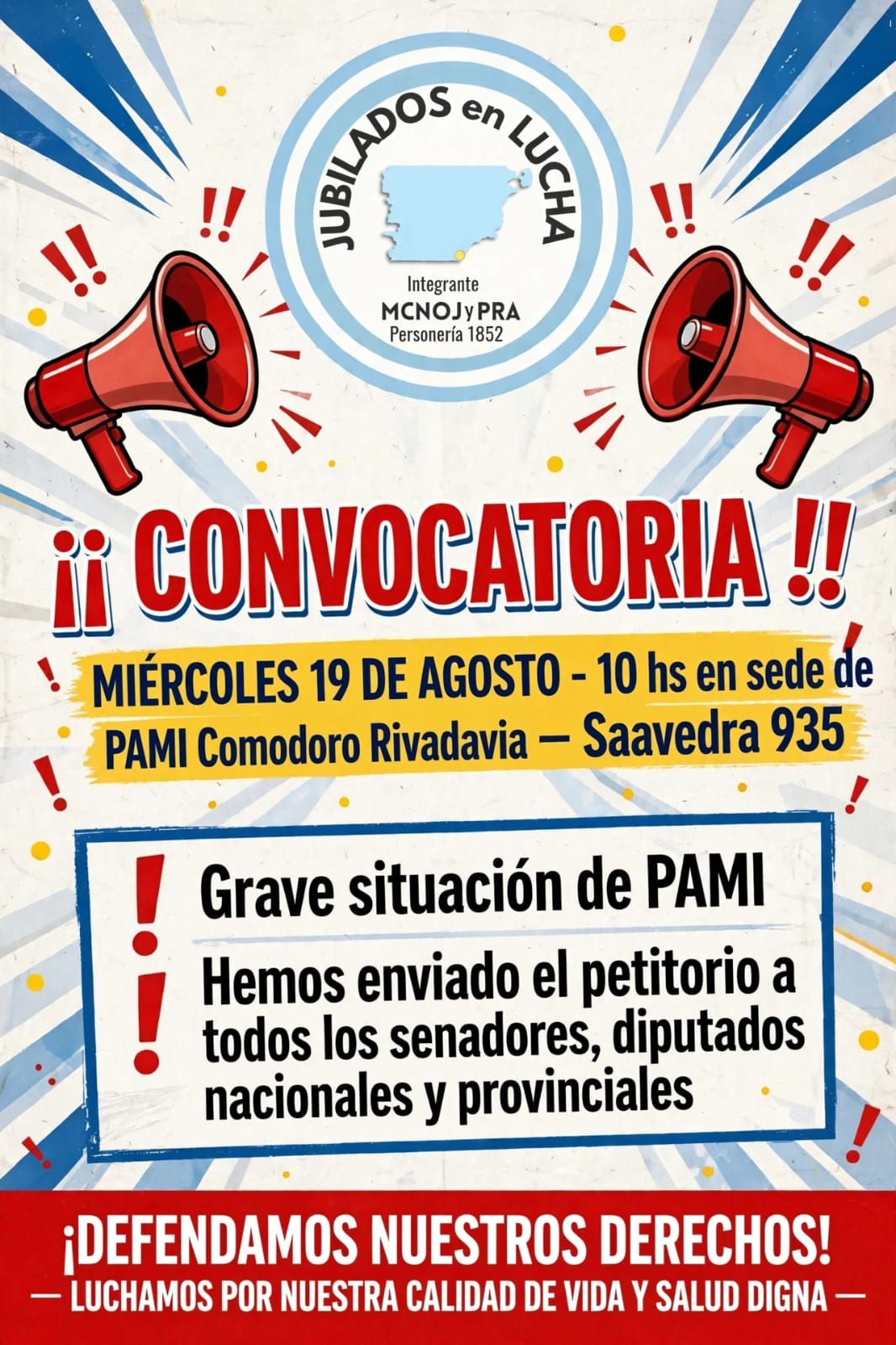 Jubilados en Lucha convoca a una manifestación frente a PAMI en Comodoro
